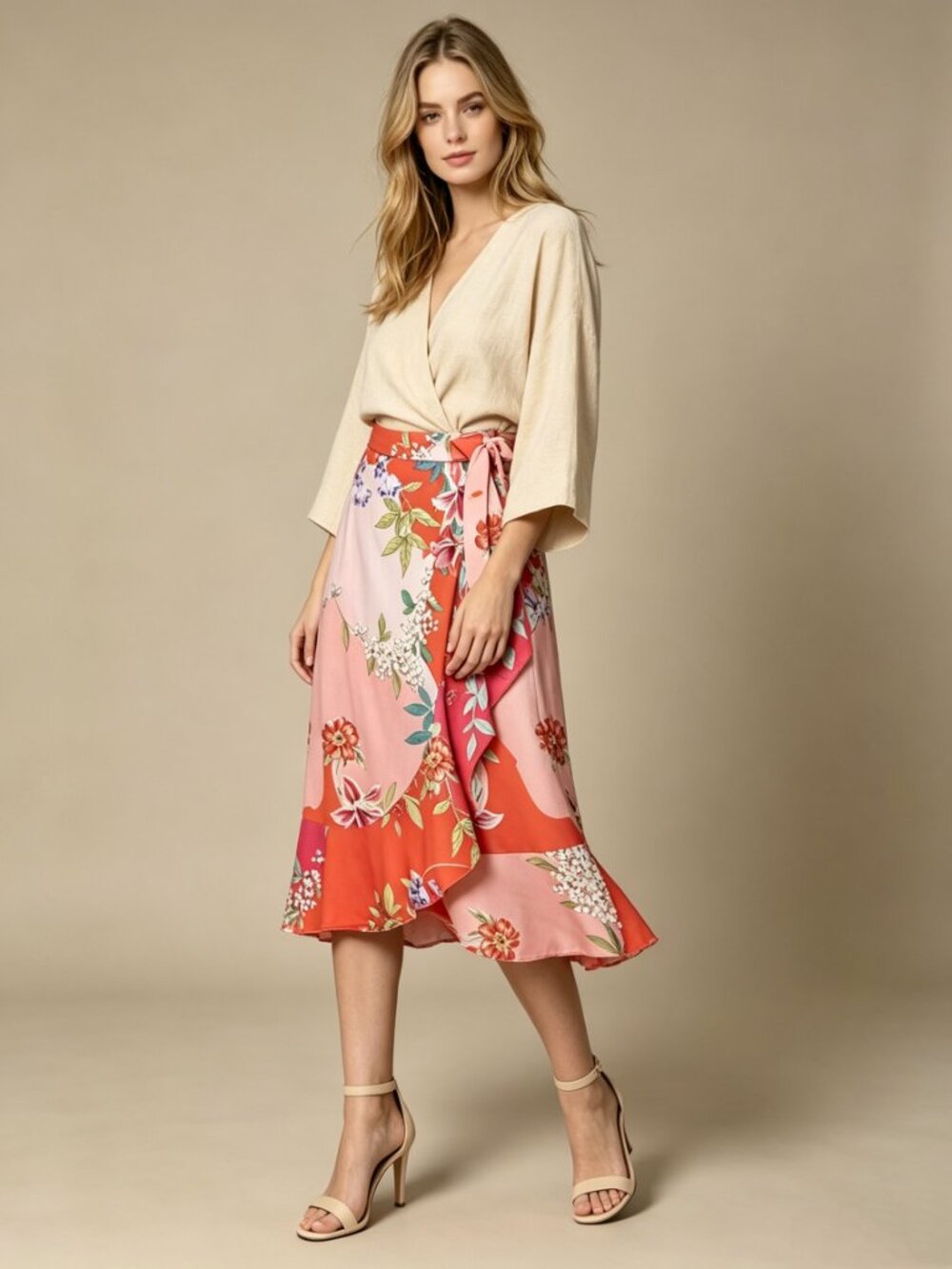 NWOT JOHNNY Nanya Floral Wrap Skirt Midi Pink Red Boho Size S/M